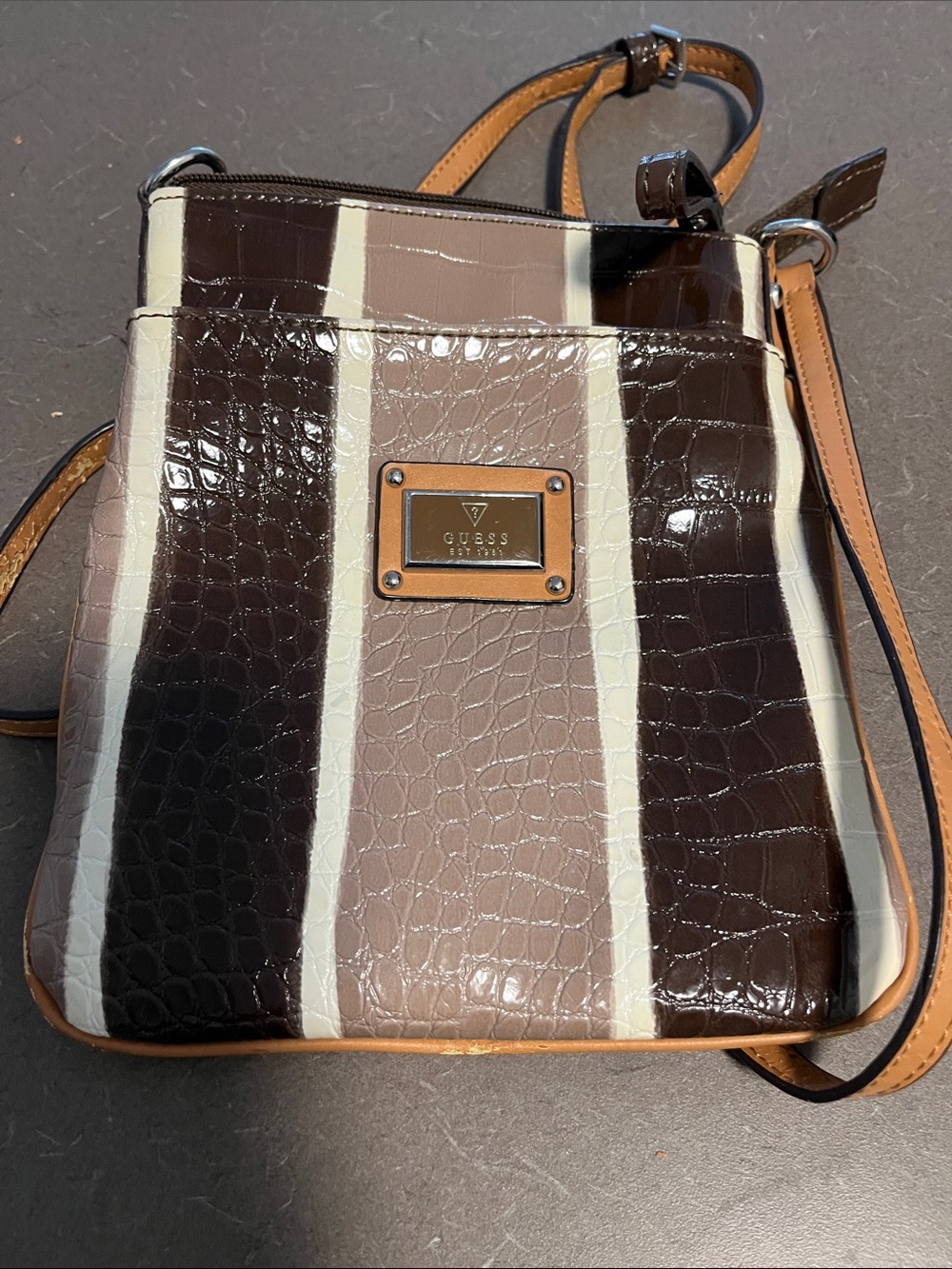 GUESS Brown, Taupe & Cream Croc-Embossed Stripe Crossbody